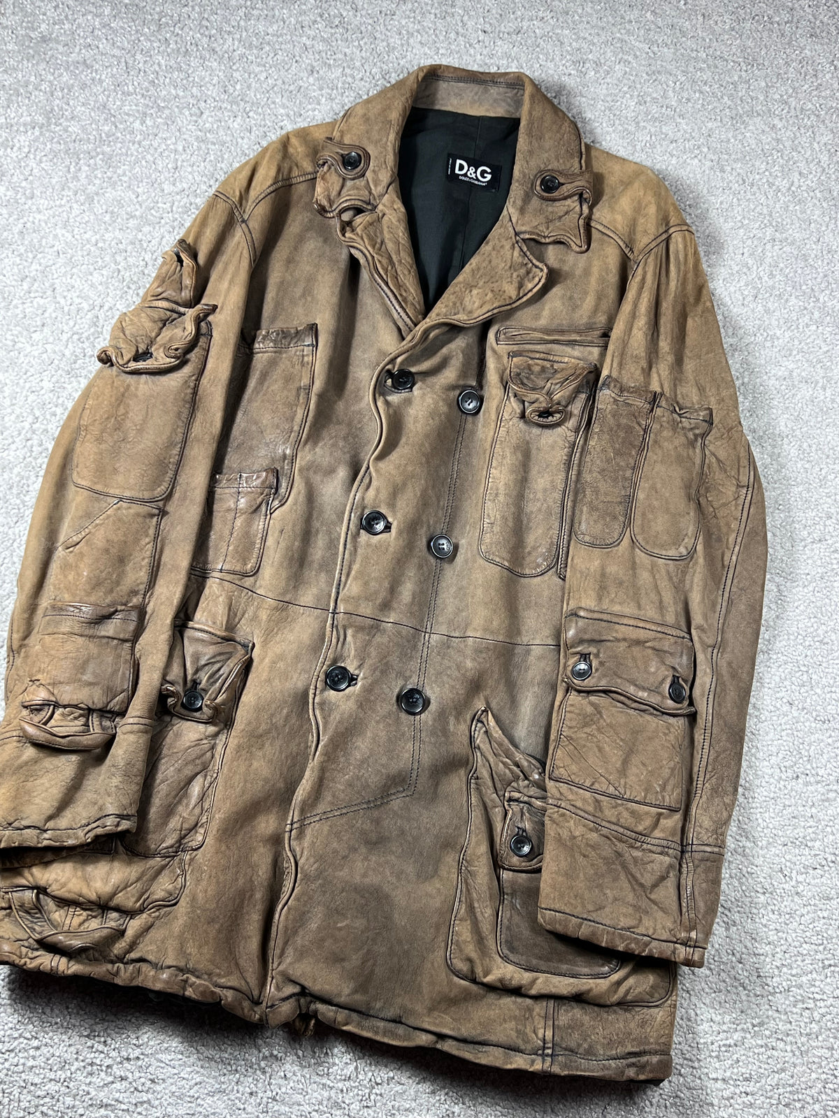 Dolce & Gabbana Cargo Leather Brown Coat Multipocket Size M