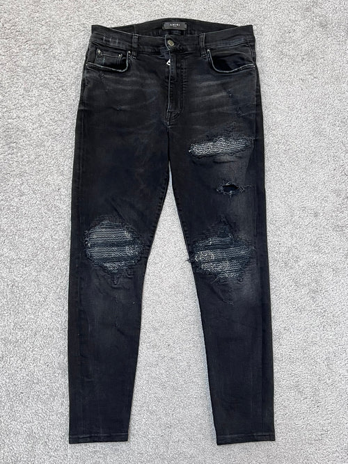 Amiri MX-1 Black Cashew Flower Split Patches Skinny Jeans
