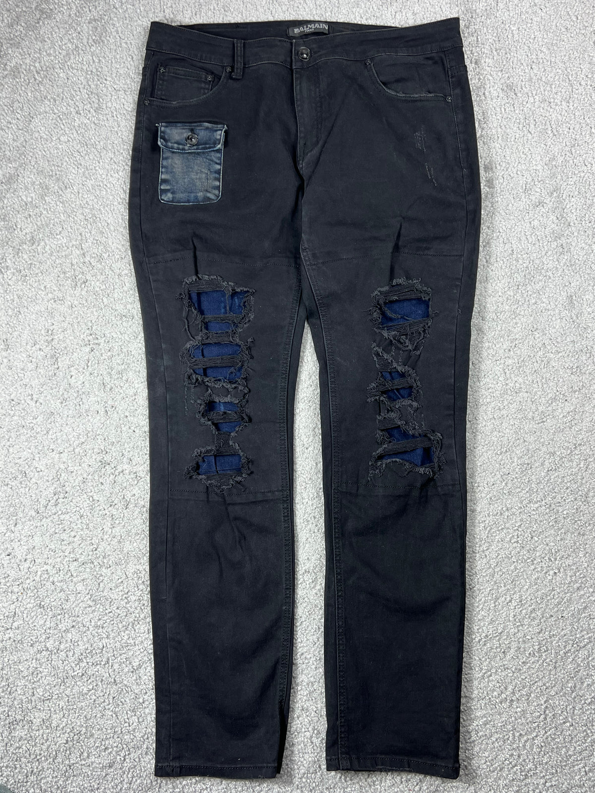 Balmain Black Ripped Jeans With Blue Patches Size 36