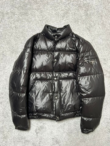 Prada Black Shiny Triangle Logo Down Jacket Size M