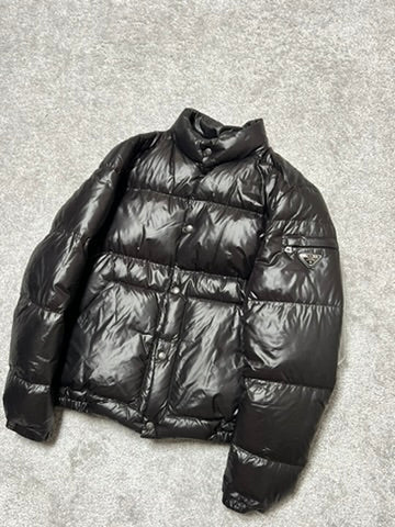 Prada Black Shiny Triangle Logo Down Jacket Size M