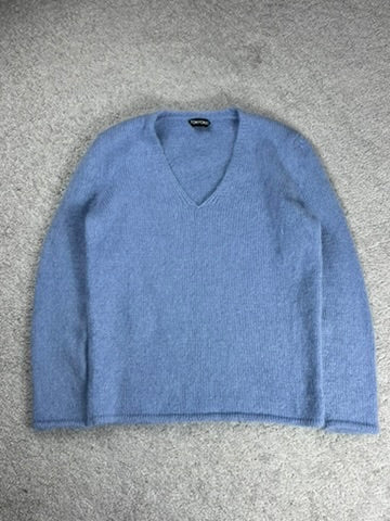 Tom Ford Blue V-Neck Mohair Wool Sweater Size S