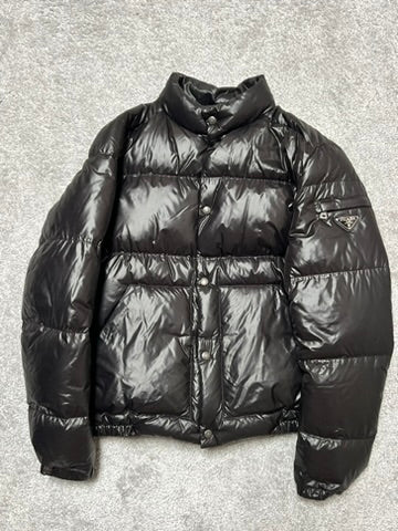 Prada Black Shiny Triangle Logo Down Jacket Size M