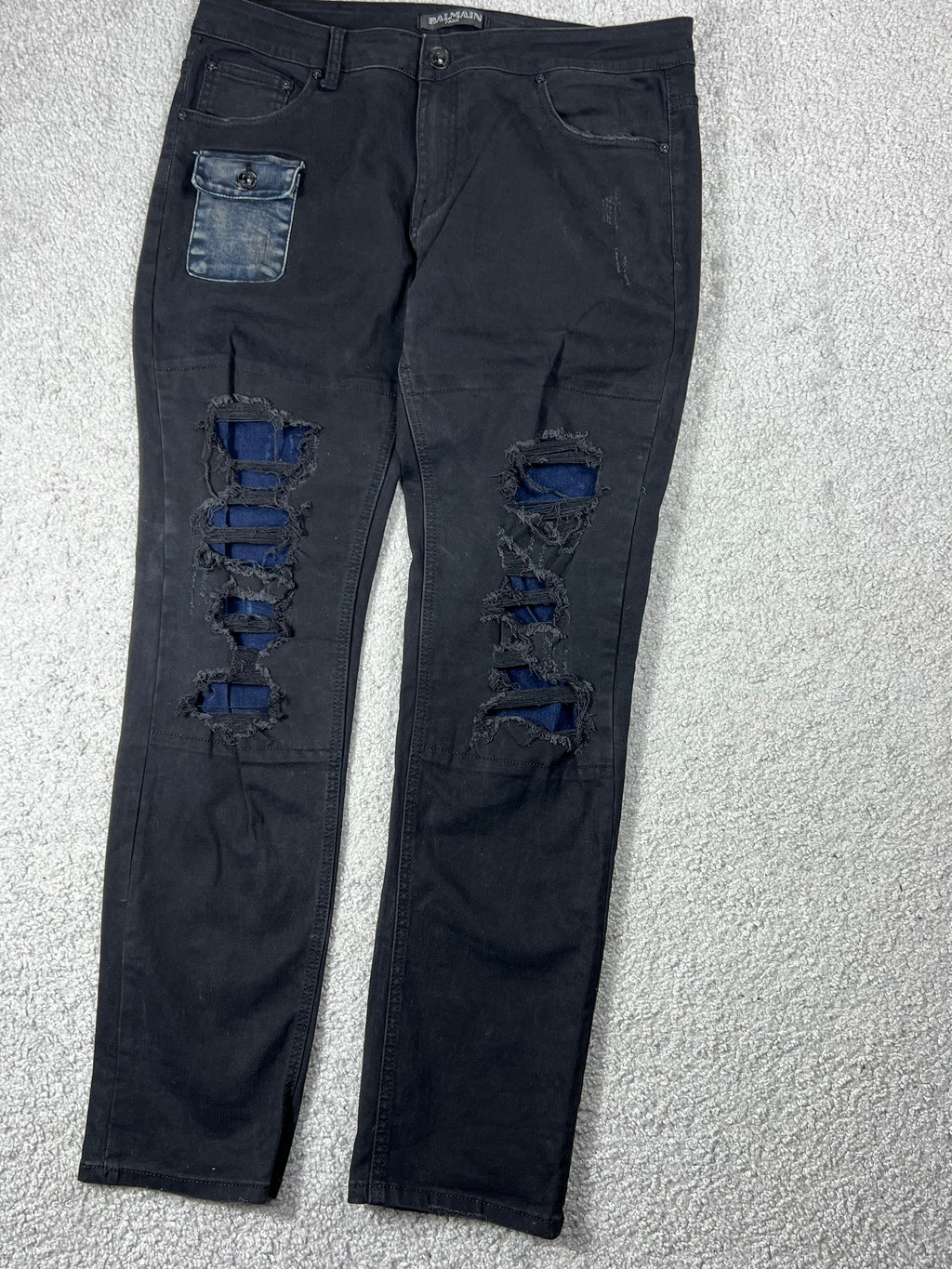 Balmain Black Ripped Jeans With Blue Patches Size 36