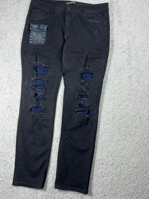 Balmain Black Ripped Jeans With Blue Patches Size 36