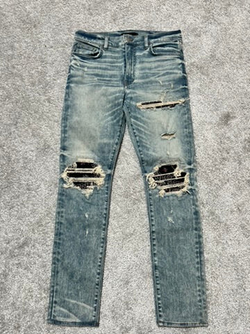 Amiri MX-1 “Dirty Indigo” Red Bandana Patch Jeans