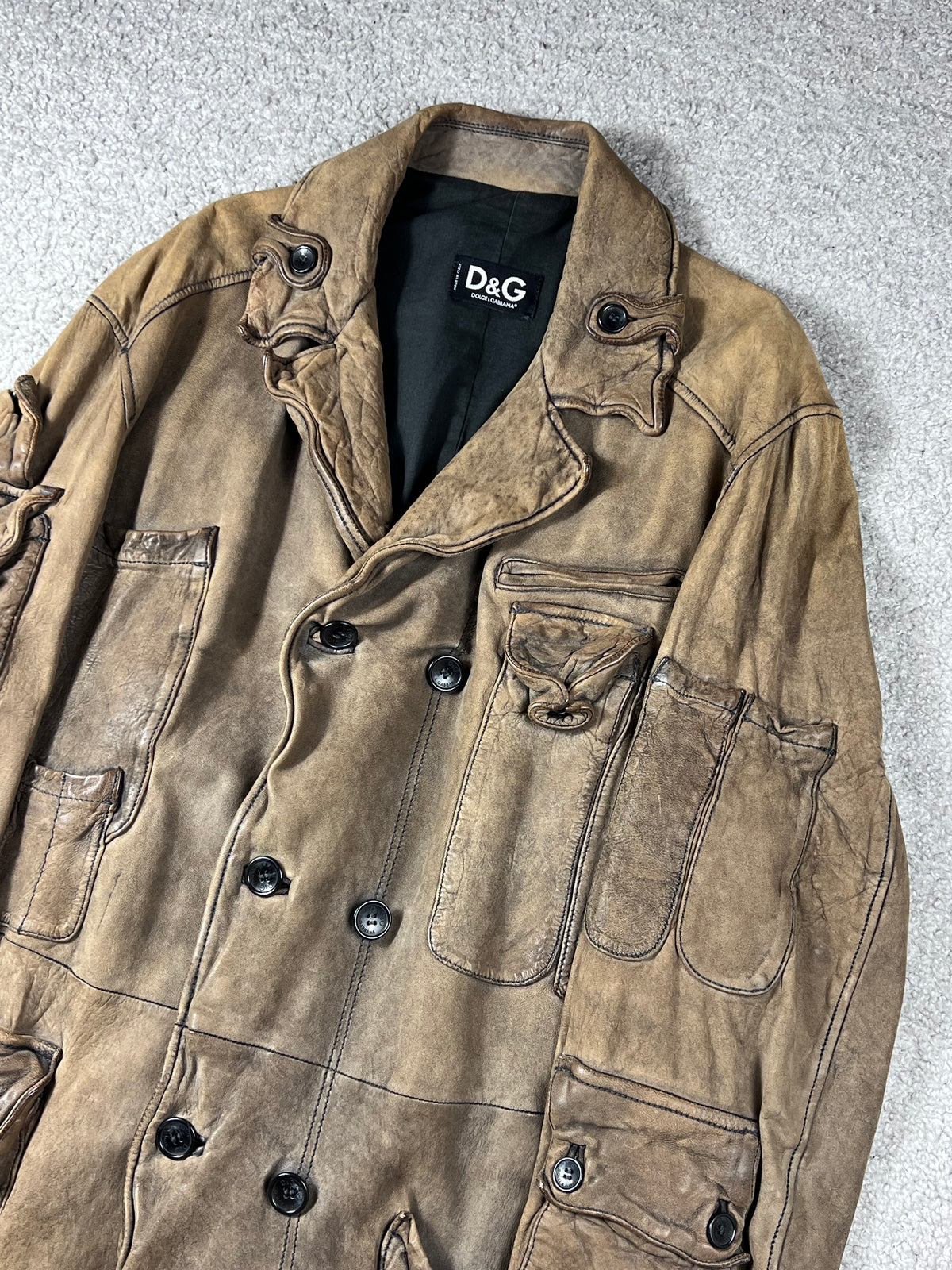 Dolce & Gabbana Cargo Leather Brown Coat Multipocket Size M