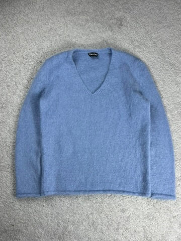 Tom Ford Blue V-Neck Mohair Wool Sweater Size S
