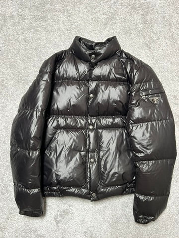 Prada Black Shiny Triangle Logo Down Jacket Size M