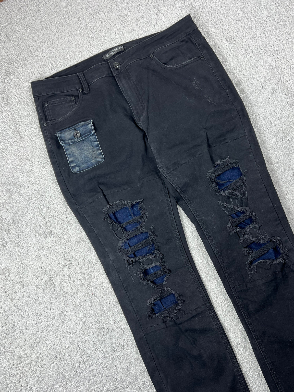 Balmain Black Ripped Jeans With Blue Patches Size 36