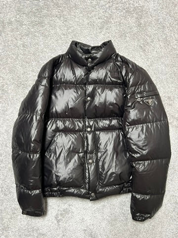 Prada Black Shiny Triangle Logo Down Jacket Size M