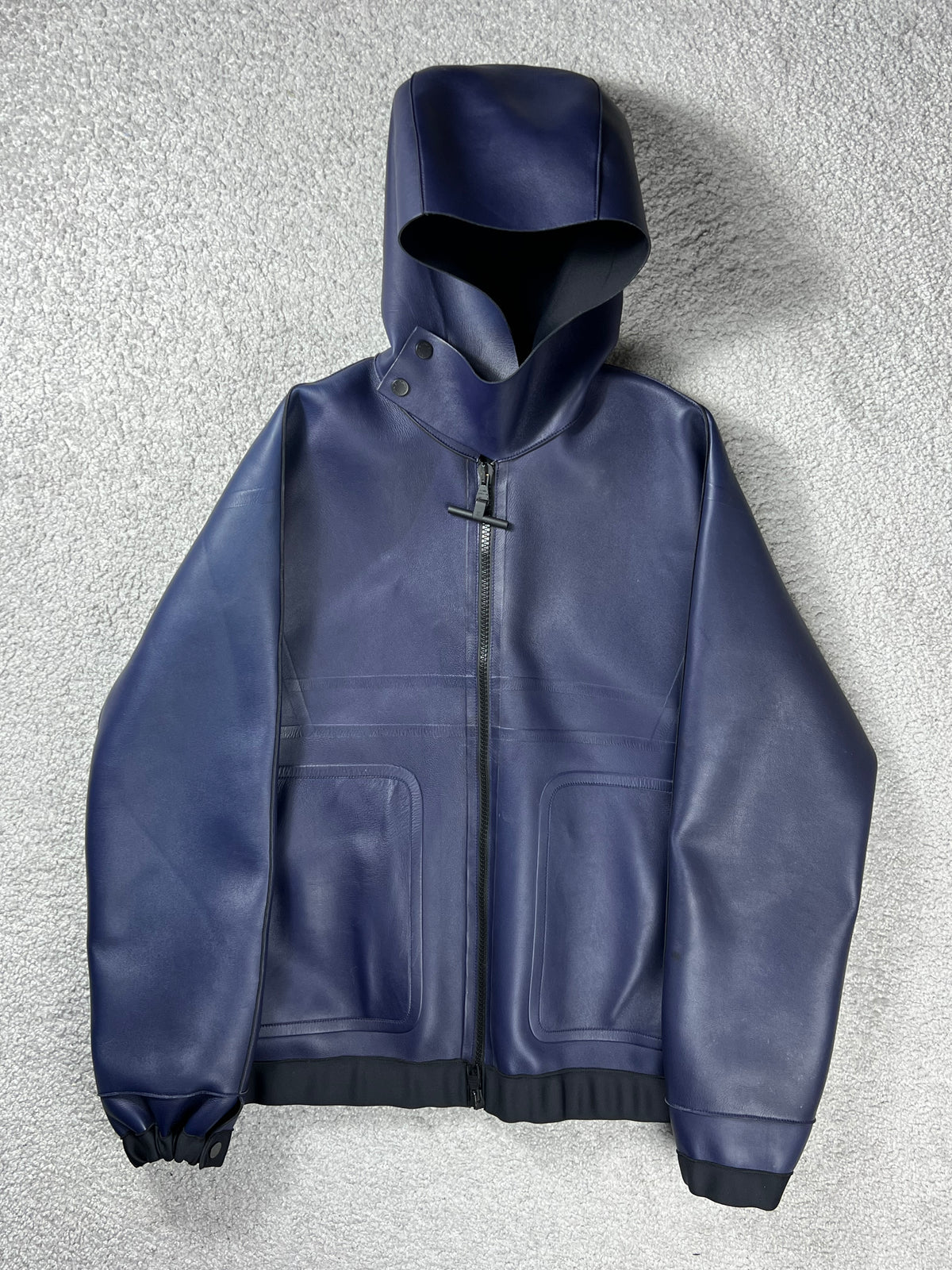 Louis Vuitton Leather Dark Blue Hooded Zip Up Jacket Size L