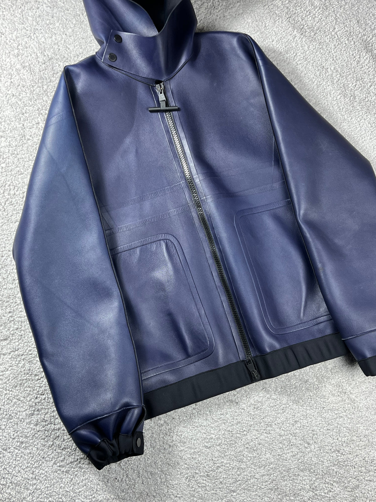 Louis Vuitton Leather Dark Blue Hooded Zip Up Jacket Size L