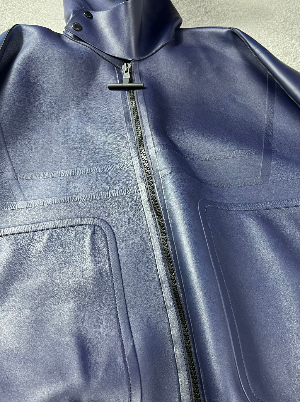 Louis Vuitton Leather Dark Blue Hooded Zip Up Jacket Size L