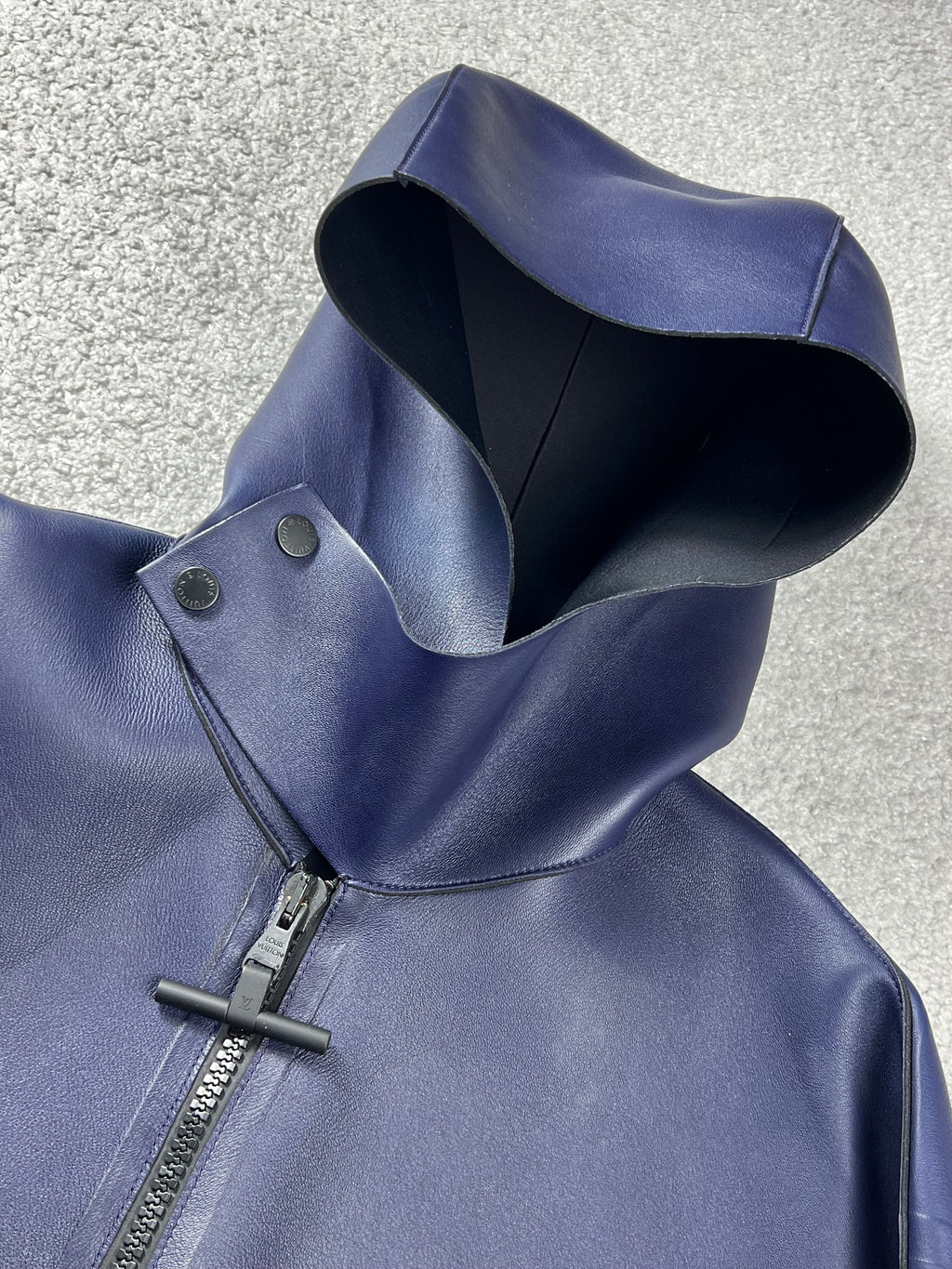 Louis Vuitton Leather Dark Blue Hooded Zip Up Jacket Size L